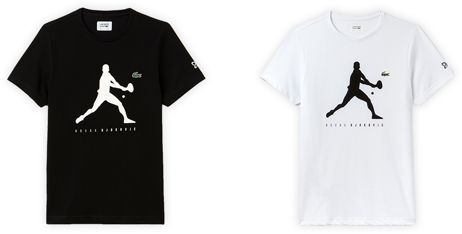 ノバク・ジョコビッチのシルエットと名前をプリントした ジャージー素材のラコステスポーツTシャツ。