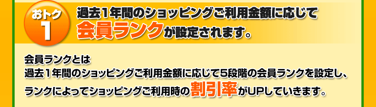 おトク1 過去1年間のショッピングご利用金額に応じて会員ランクが設定されます